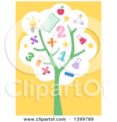Clipart of a Flat Design Tree with Educational Supplies on Yellow - Royalty Free Vector Illustration by BNP Design Studio
