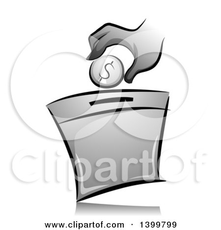 Clipart of a Grayscale Hand Putting a Coin into a Donation Box - Royalty Free Vector Illustration by BNP Design Studio