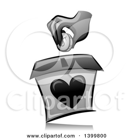 Clipart of a Grayscale Hand Putting a Coin in a Donation Box with a Heart - Royalty Free Vector Illustration by BNP Design Studio