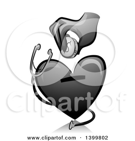 Clipart of a Grayscale Hand Putting a Coin in a Medical Heart Donation Box - Royalty Free Vector Illustration by BNP Design Studio