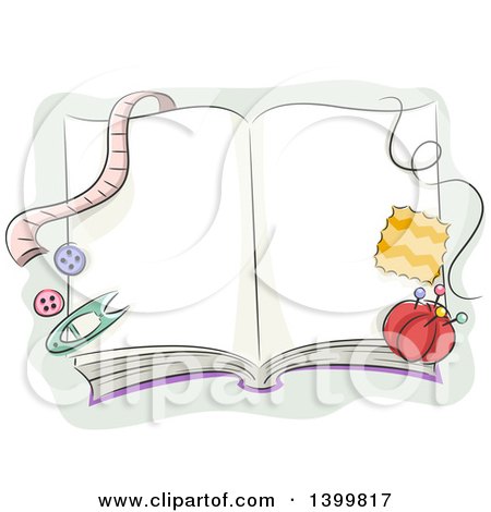 Clipart of a Sketched Open Book with Sewing Notions - Royalty Free Vector Illustration by BNP Design Studio