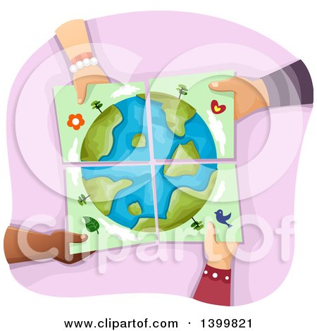 Clipart of a Group of Hands Holding Together Pieces of an Earth Painting - Royalty Free Vector Illustration by BNP Design Studio