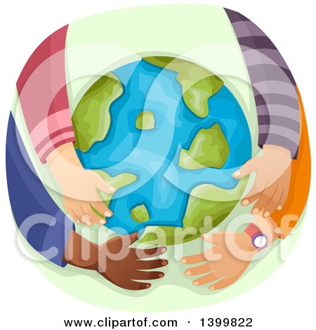Clipart of a Group of Children's Arms Hugging Planet Earth - Royalty Free Vector Illustration by BNP Design Studio