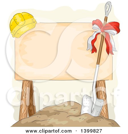 Clipart of a Sketched Blank Sign with a Ground Breaking Shovel and Helmet - Royalty Free Vector Illustration by BNP Design Studio