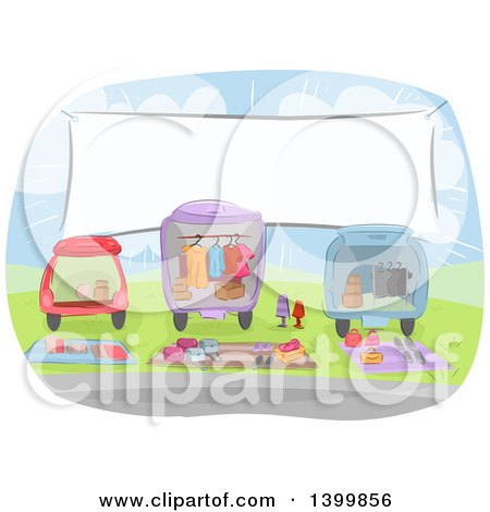 Clipart of a Sketched Banner over Cars Loaded with Items for Sale - Royalty Free Vector Illustration by BNP Design Studio