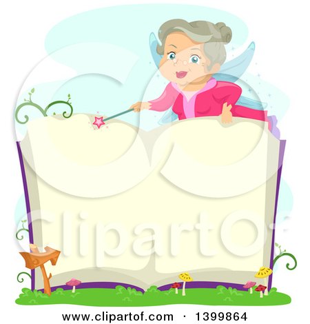 Clipart of a Senior Fairy Woman Opening a Magic Book - Royalty Free Vector Illustration by BNP Design Studio