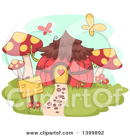 Clipart of a Cute Fairy House with Mushrooms and Butterflies - Royalty Free Vector Illustration by BNP Design Studio
