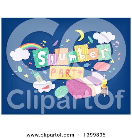 Clipart of a Slumber Party Banner over a Bed on Blue - Royalty Free Vector Illustration by BNP Design Studio