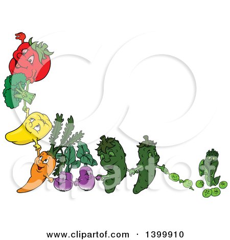 Clipart of Cartoon Tomato, Broccoli, Bell Pepper, Carrot, Eggplants, Cucumber and Pea Characters Holding Hands and Forming a Border - Royalty Free Vector Illustration by dero