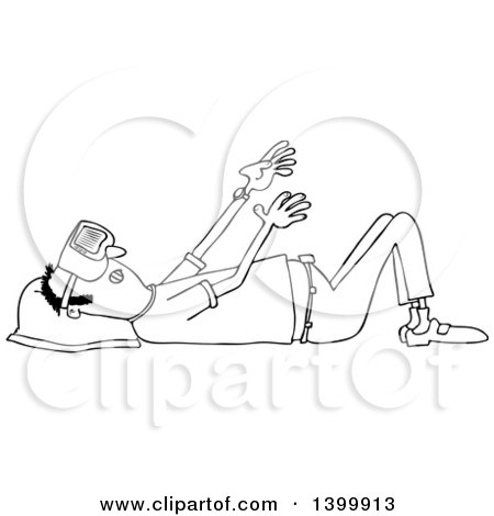 Clipart of a Cartoon Black and White Lineart Man Laying on His Back and Wearing Virtual Reality Glasses - Royalty Free Vector Illustration by djart