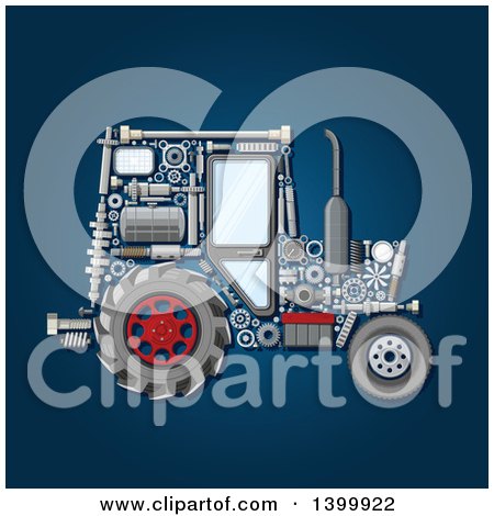 Clipart of a Tractor with Visible Mechanical Parts, on Blue - Royalty Free Vector Illustration by Vector Tradition SM
