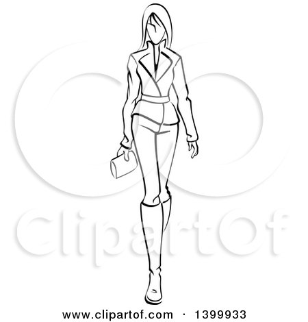 Clipart of a Sketched Black and White Walking Runway Fashion Model - Royalty Free Vector Illustration by Vector Tradition SM