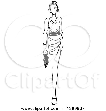 Clipart of a Sketched Black and White Walking Runway Fashion Model - Royalty Free Vector Illustration by Vector Tradition SM