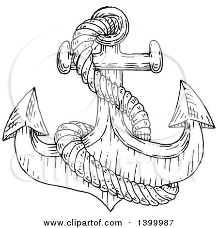 Clipart of a Black and White Sketched Anchor with Rope - Royalty Free Vector Illustration by Vector Tradition SM