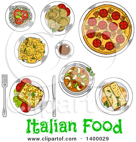 Clipart of a Sketched Meal of Italian Cuisine Dishes - Royalty Free Vector Illustration by Vector Tradition SM