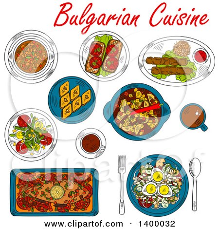 Clipart of a Sketched Meal of Bulgarian Cuisine Dishes - Royalty Free Vector Illustration by Vector Tradition SM