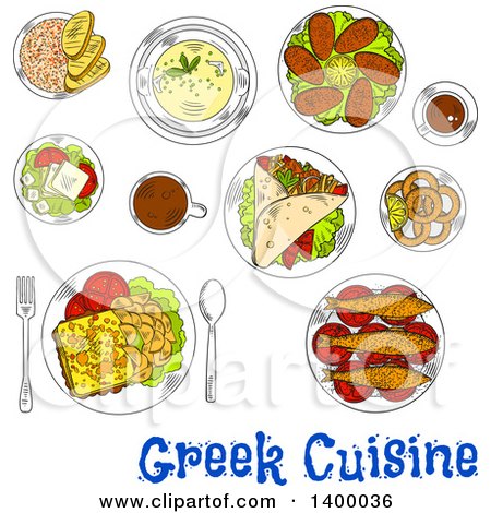 Clipart of a Sketched Meal of Greek Cuisine Dishes - Royalty Free Vector Illustration by Vector Tradition SM