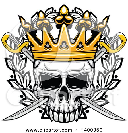 Clipart of a Skull and Crossed Swords with a Crown over a Wreath - Royalty Free Vector Illustration by Vector Tradition SM