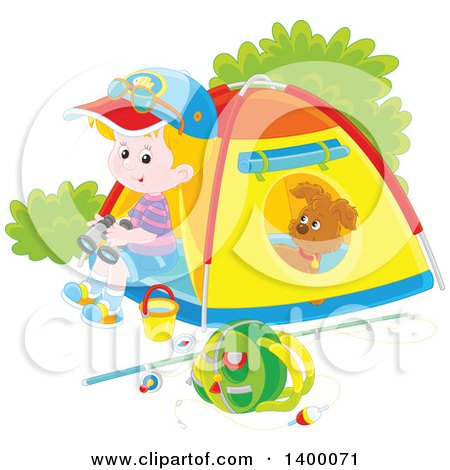 Clipart of a Happy Caucasian Boy and Puppy at a Camp Site - Royalty Free Vector Illustration by Alex Bannykh