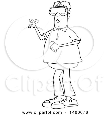 Clipart of a Cartoon Black and White Lineart African American Man Wearing Virtual Reality Glasses - Royalty Free Vector Illustration by djart