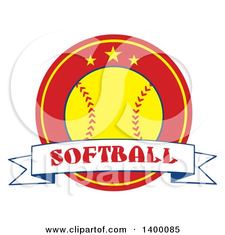 Clipart of a Text Ribbon Banner over a Softball in a Red Circle with Stars - Royalty Free Vector Illustration by Hit Toon