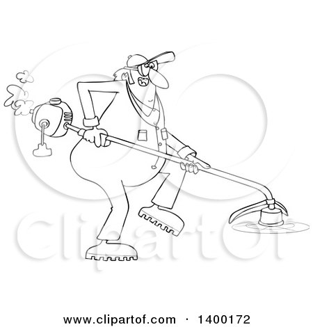 Cartoon Clipart of a Black and White Lineart Chubby Male Landscaper or Gardener Using a Weed Wacker - Royalty Free Vector Illustration by djart