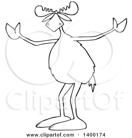 Cartoon Clipart of a Black and White Lineart Moose Shrugging, Why Me - Royalty Free Vector Illustration by djart