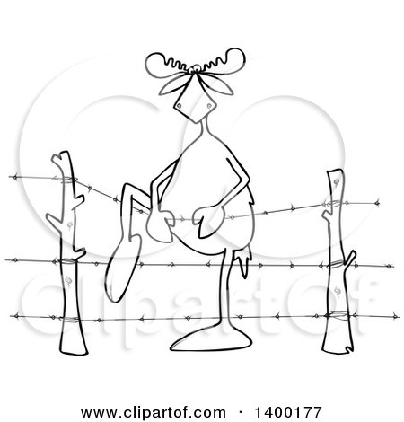 Cartoon Clipart of a Black and White Lineart Moose Climbing over Barbed Wire - Royalty Free Vector Illustration by djart