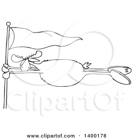 Cartoon Clipart of a Black and White Lineart Moose Holding onto a Flag Post in a Wind Storm - Royalty Free Vector Illustration by djart