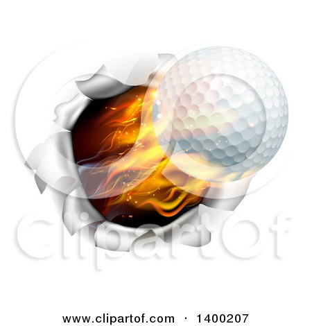Clipart of a 3d Flying and Blazing Golf Ball Breaking Through a Hole in a Wall - Royalty Free Vector Illustration by AtStockIllustration