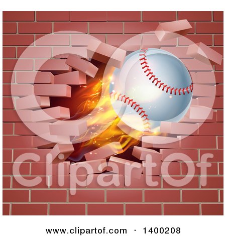 Clipart of a 3d Flying and Blazing Baseball with a Trail of Flames, Breaking Through a Brick Wall - Royalty Free Vector Illustration by AtStockIllustration