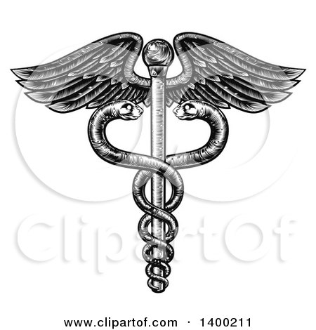 Clipart of a Black and White Woodcut or Engraved Medical Caduceus with Snakes on a Winged Rod - Royalty Free Vector Illustration by AtStockIllustration