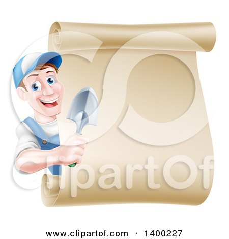 Clipart of a Happy Middle Aged Brunette White Male Gardener in Blue, Holding a Hand Spade Shovel Around a Blank Scroll Sign - Royalty Free Vector Illustration by AtStockIllustration