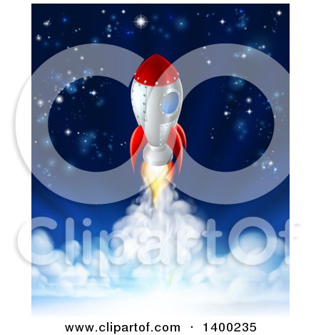 Clipart of a Rocket Flying Through a Starry Sky - Royalty Free Vector Illustration by AtStockIllustration