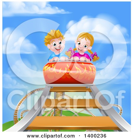 Clipart of a Happy White Boy and Girl at the Top of a Roller Coaster Ride, Against a Blue Sky with Clouds - Royalty Free Vector Illustration by AtStockIllustration