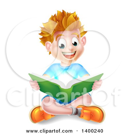 Clipart of a Happy Blond Caucasian School Boy Reading a Book on the Floor, with Magical Light - Royalty Free Vector Illustration by AtStockIllustration