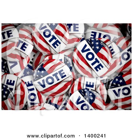 Clipart of a Background of 3d American Flag Political VOTE Button Pins in a Box - Royalty Free Vector Illustration by stockillustrations