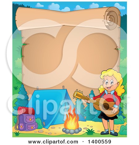 Clipart of a Scroll Border of a Happy Blond Caucasian Girl Playing a Guitar by a Campfire - Royalty Free Vector Illustration by visekart