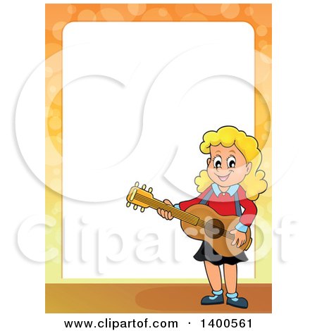 Clipart of a Border of a Happy Blond Caucasian Girl Playing a Guitar - Royalty Free Vector Illustration by visekart