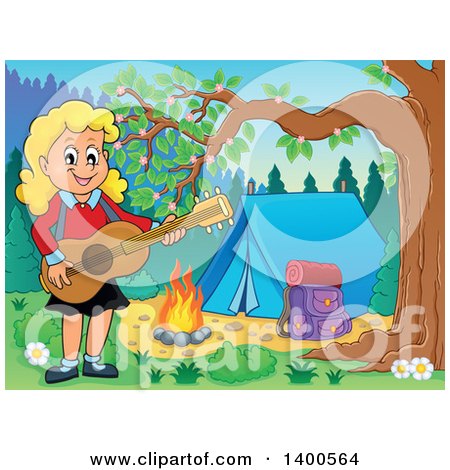 Clipart of a Happy Blond Caucasian Girl Playing a Guitar by a Campfire - Royalty Free Vector Illustration by visekart