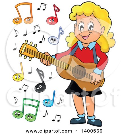 Clipart of a Happy Blond Caucasian Girl Playing a Guitar with Music Notes - Royalty Free Vector Illustration by visekart