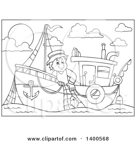Clipart of a Black and White Lineart Fisherman on a Boat - Royalty Free Vector Illustration by visekart
