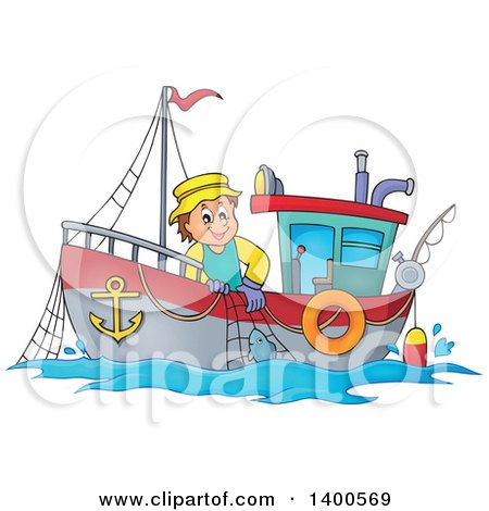 Clipart of a Caucasian Fisherman on a Boat - Royalty Free Vector Illustration by visekart