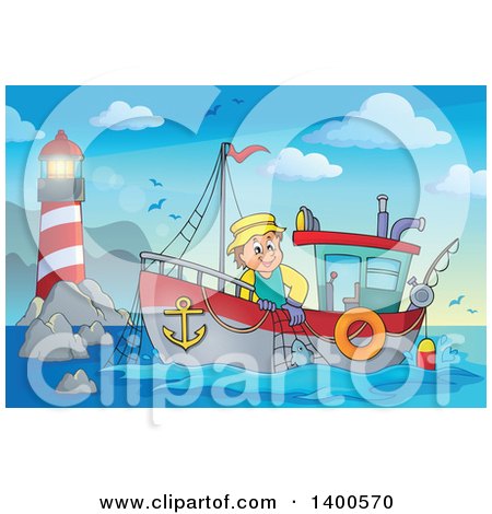 Clipart of a Caucasian Fisherman on a Boat near a Lighthouse - Royalty Free Vector Illustration by visekart
