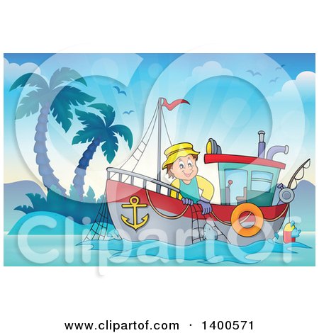Clipart of a Caucasian Fisherman on a Boat near an Island - Royalty Free Vector Illustration by visekart