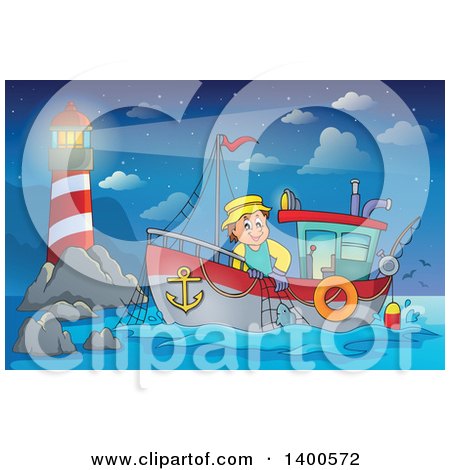 Clipart of a Caucasian Fisherman on a Boat near a Lighthouse at Night - Royalty Free Vector Illustration by visekart