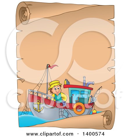Clipart of a Parchment Border of a Caucasian Fisherman on a Boat - Royalty Free Vector Illustration by visekart