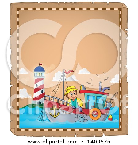 Clipart of a Parchment Border of a Caucasian Fisherman on a Boat near a Lighthouse - Royalty Free Vector Illustration by visekart