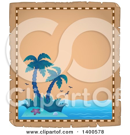 Clipart of a Parchment Border of a Tropical Island with Palm Trees - Royalty Free Vector Illustration by visekart