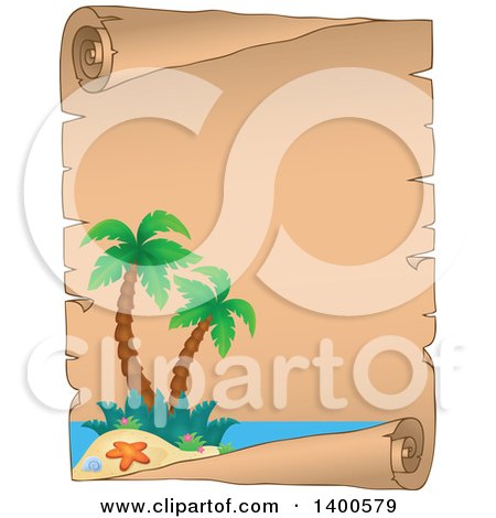 Clipart of a Parchment Scroll Border of a Tropical Island with Palm Trees - Royalty Free Vector Illustration by visekart